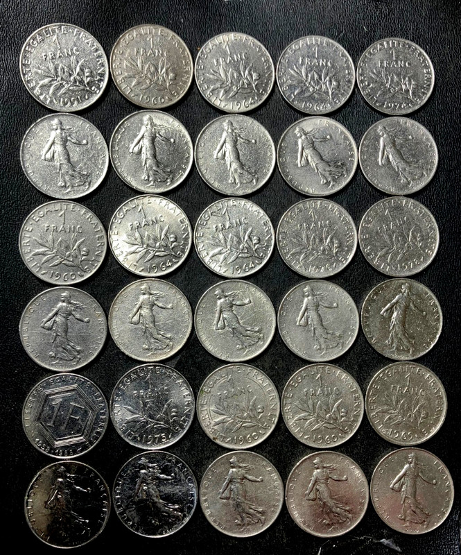 Old FRANCE Coin Lot - ONE FRANC - 30 EXCELLENT PURE NICKEL COINS - Lot #U11