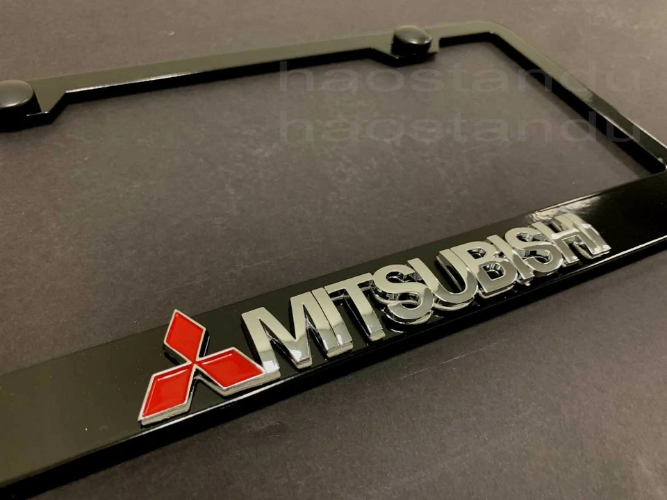 1x MITSUBISHI 3D Emblem BLACK Stainless License Plate Frame RUST FREE + ScrewCap - Image 2 of 2