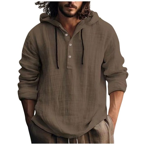New Men's Cotton Linen Hoodies Drawstring Button Hooded Swaeatshirts T Shirts To - Picture 20 of 38