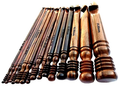 Original Rosewood Crochet Set of 15 Ergonomic Handmade Brown Hooks MADE IN IND - Picture 2 of 3