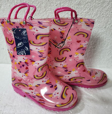 SHOFORT Kids Girls Rain Boots with Easy-on Handles Rainboots, Pink Rainbow, 12