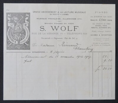 Invoice STRASBOURG 1908 piano WOLF music Gaveau Perzina Schwerin illustrated 75