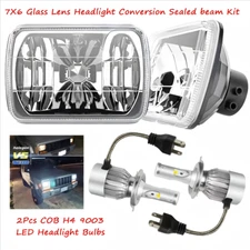 7X6 Glass Lens Headlight Conversion Sealed beam Kit to H4/9003 Size + LED Bulbs
