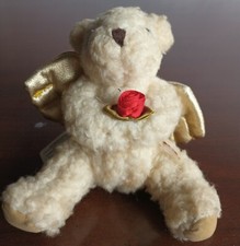 Russ Small Mini Cream Plush Curly Haired Teddy Bear Angel w Red Rose Valentine  s