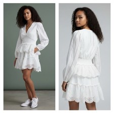 Steve Madden Dress M Long Sleeve VNeck Eyelet Tiered White Cottage Core Babydoll