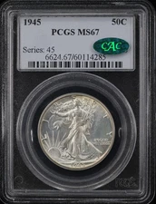 1945 WALKING LIBERTY HALF DOLLAR 50C PCGS MS67 *CAC* (PQ094)