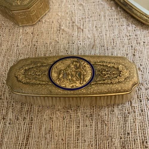 Antique French Gilt Bronze,Blue Cloisonne Champleve Hand Mirror Enamel Brush Set - Picture 13 of 18