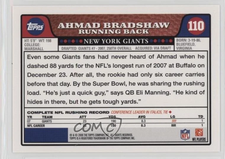2008 Topps Ahmad Bradshaw #110 - Image 2 of 2