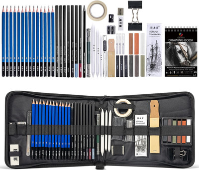 Set dibujo 50 piezas cuaderno colores carboncillo acuarela metalico arte adultos