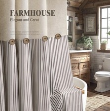 New Shower Curtain Farmhouse Cottage Core Linen Tan Brown Striped 72x72 Buttons