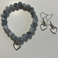 New Girl s Silver Heart Earrings Gray Bead Stretch Bracelet Set Jewelry Gift
