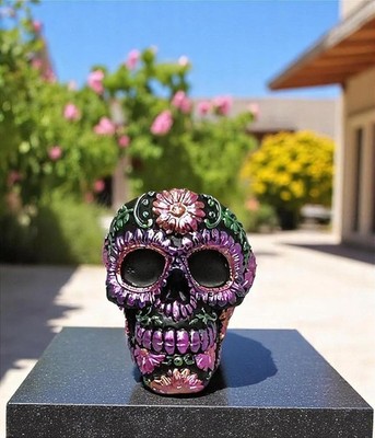 Day of the Dead Skull Smoking Ashtray   3.75'' Metallic Polyresin