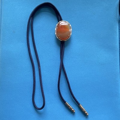 Men's Western Adjustable Bolo Tie Gold Tone Brown Oval Agate Stone Slide