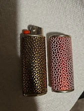Vtg Lighter Case Red Gold Abstract Bubbles Cover Holder Silver Sleeve Lot Bic 