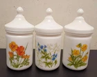 Vintage Set Of 3 France Floral Milk Glass Apothecary Jars With Dome Lids