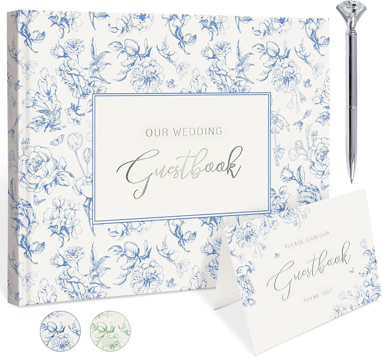как выглядит Blue Floral Wedding Guest Book Hardcover with Pen - 9X7 Inch 144 Pages Sign in B фото