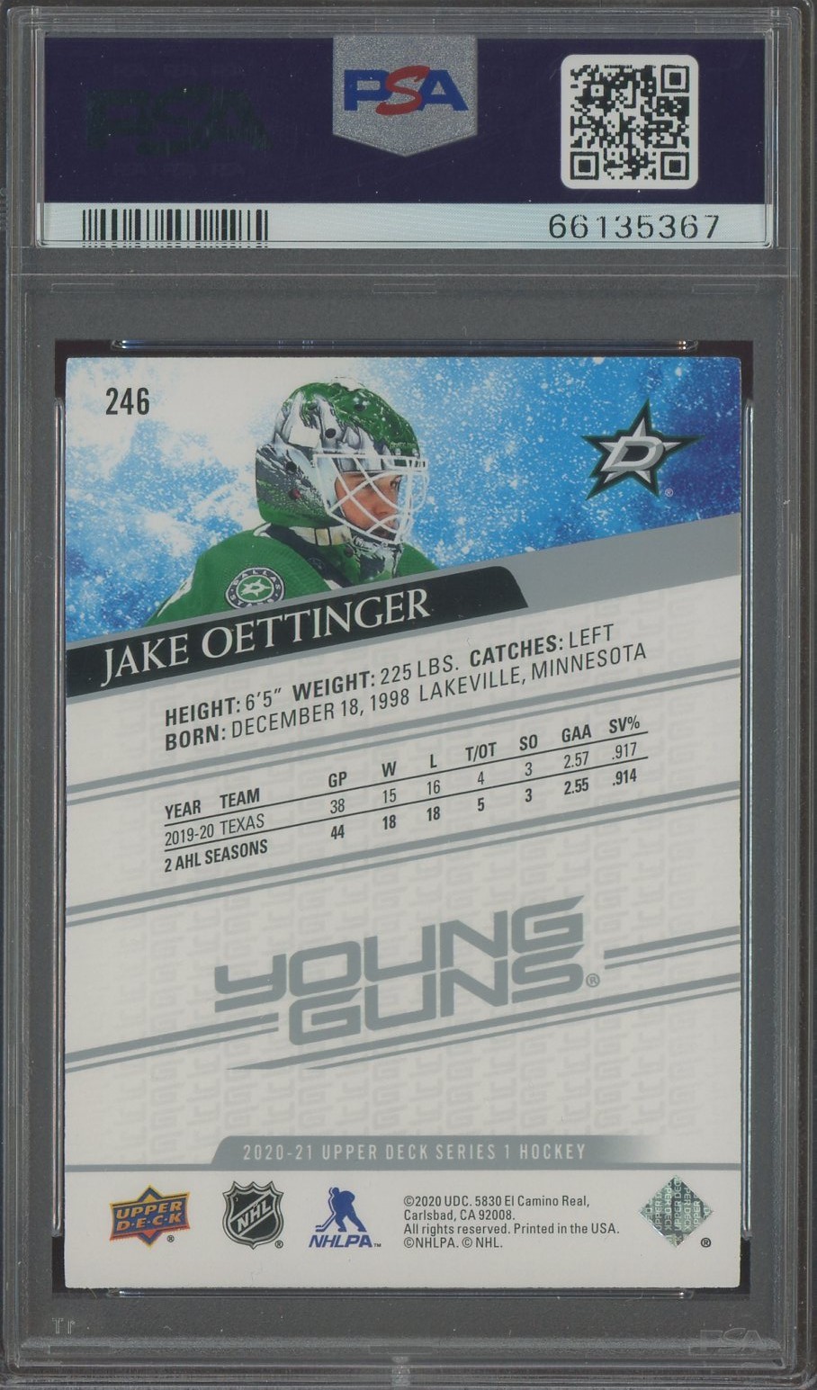 2020 Upper Deck Hockey Young Guns #346 Jake Oettinger RC Rookie PSA 10 view 2