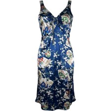Vintage Jessica Blue Geisha Floral Print Satin V-Neck Maxi Dress Size 1X