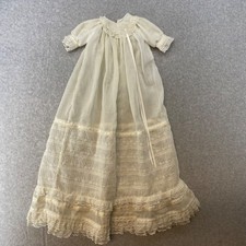 Vintage White Cotton Christening Gown Floral Embroidery Lace Trim Baptism Dress