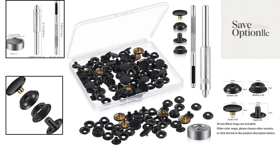 Essential Snap Fasteners Kit: 200 Black 15MM Snaps for Fabric & Leather Crafts - Image 2 of 4