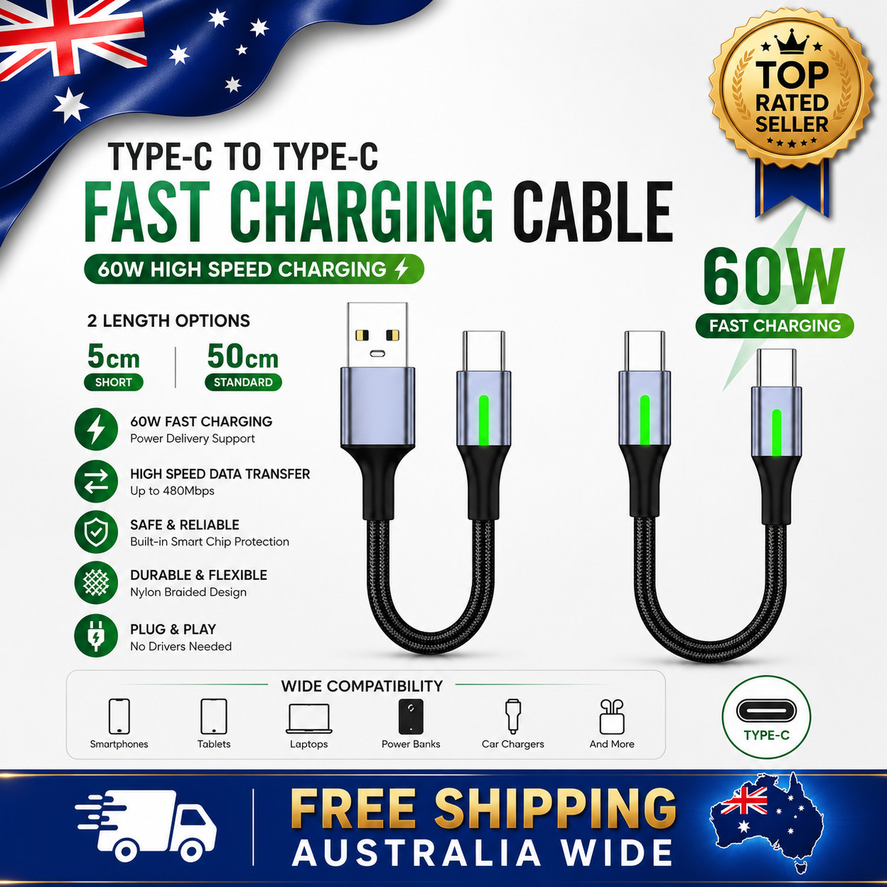Short USB C to USB C Cable Fast Charging 25cm 50cm Power Bank Type C Wire