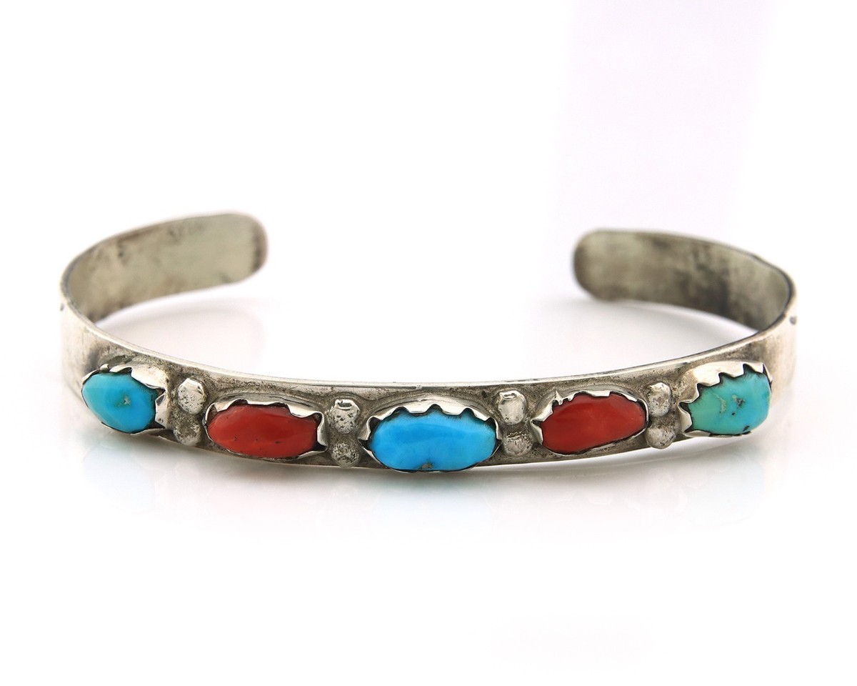 Zuni Cuff Bracelet Sterling Silver Natural Coral & Turquoise