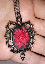 Vintage Red Rose & Thorn Gothic Silver Tone Necklace-3D Flower-Marked jpi-20"