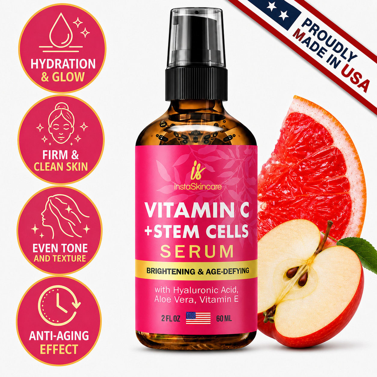 Vitamin C Serum with Hyaluronic for Dark Spots, Glow & Hydration, Anti-Aging 2oz