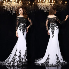 Black And White Mermaid Wedding Dresses Long Sleeve Lace Appliques Plus Size