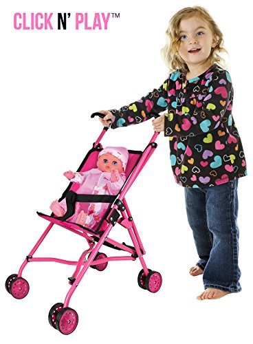 Precious Toys Hot Pink Umbrella Doll Stroller, Black Handles and Hot Pink Frame