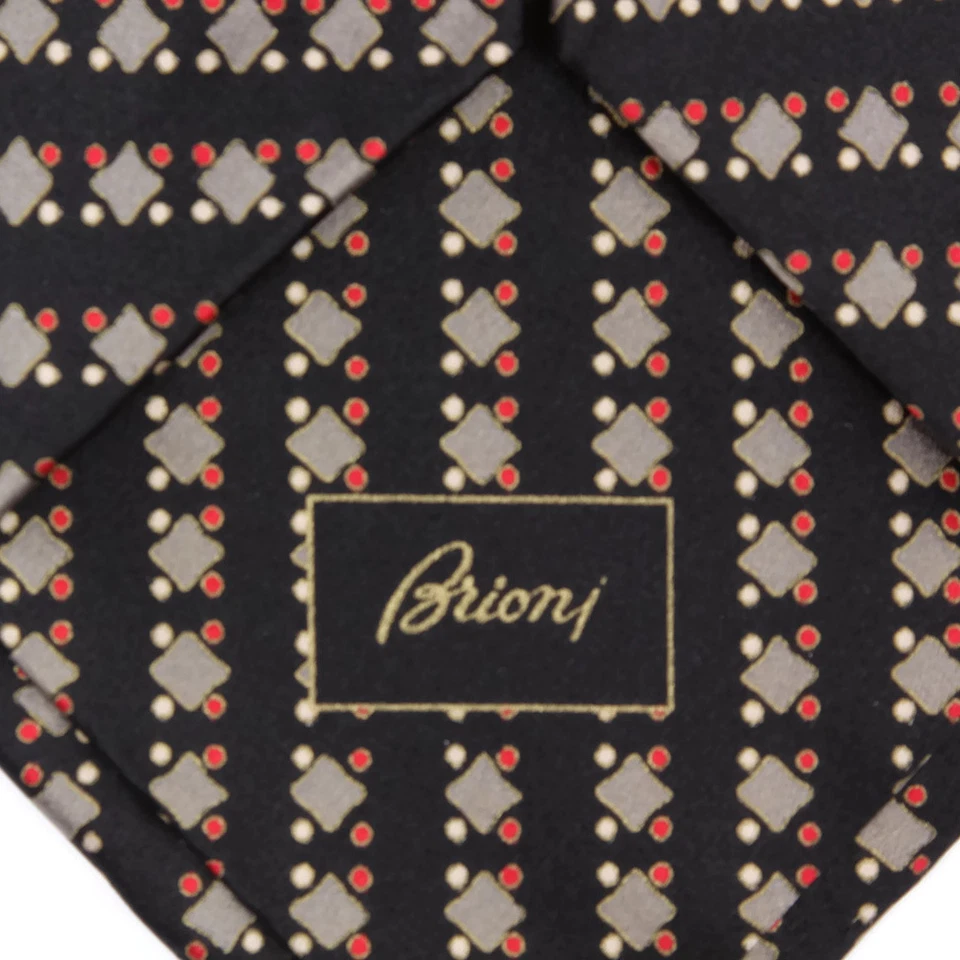 Corbata Brioni Exquisita Negra Peltre Diamantes Lunares Rojos Seda Cuello Foto 4 de 4