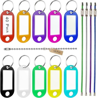 40 Pack Plastic Key Tags in 10 colors with 10 Ball Chains and 4 Cable Key Rings