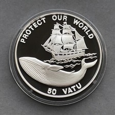 VANUATU  Silver 50 Vatu  1993  PROTECT OUR WORLD  WHALE  Proof