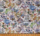Cotton Tea Party Teapots Teacups Cream Cotton Fabric Print by the Yard D567.05