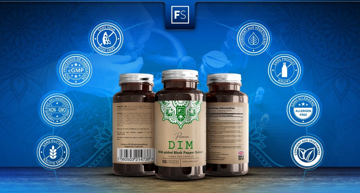 Complément Alimentaire DIM 150mg + Poivre Noir 20mg - 90 Gélules Végétaliennes - Focus Supplements UK