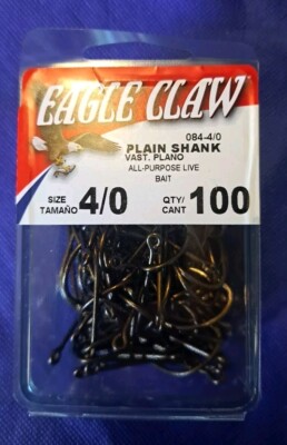 Eagle Claw 084-4/0 Plain Shank Fishing Hooks Size 4/0 Qty. 100 All Purpose