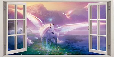 Pink Unicorn Fantasy Wall Art 16''x20'' Canvas Picture 3D Window Effect Kids Room
