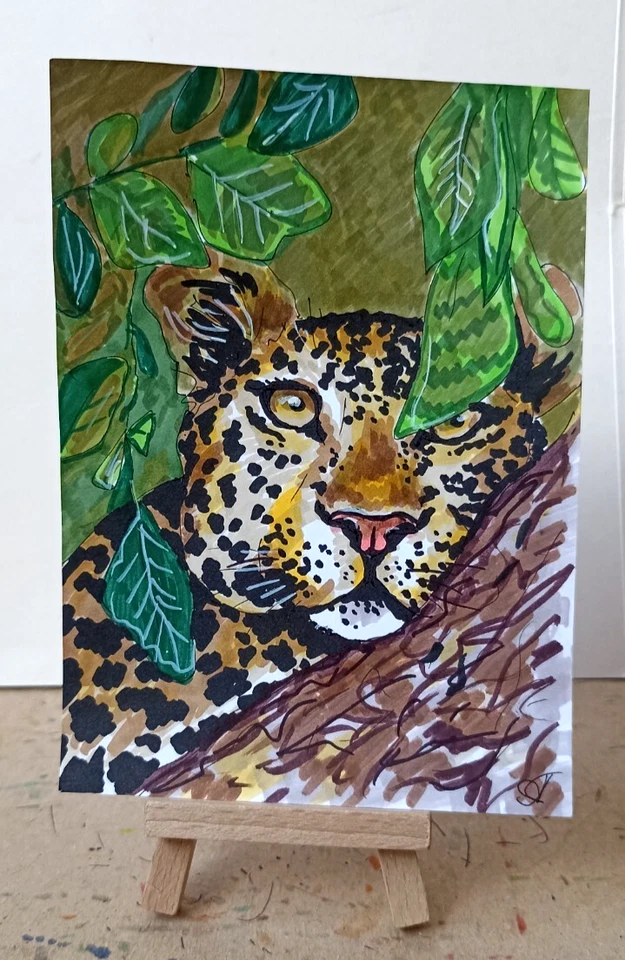 Retrato de leopardo animal África pintura original arte pintado a mano pequeño 6x4"" Foto 4 de 4