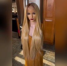 Daily WIG Long straight Ombre golden Blonde Human hair Blend Lace Front