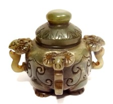 ANTIQUE JADE POT - QING DYNASTY 18� S - CHINESE JADE POT CARVED WITH IBEX