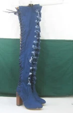 new stretchy Denim Blue Rip 4"block High Heel Over Knee  Boots Women size  6