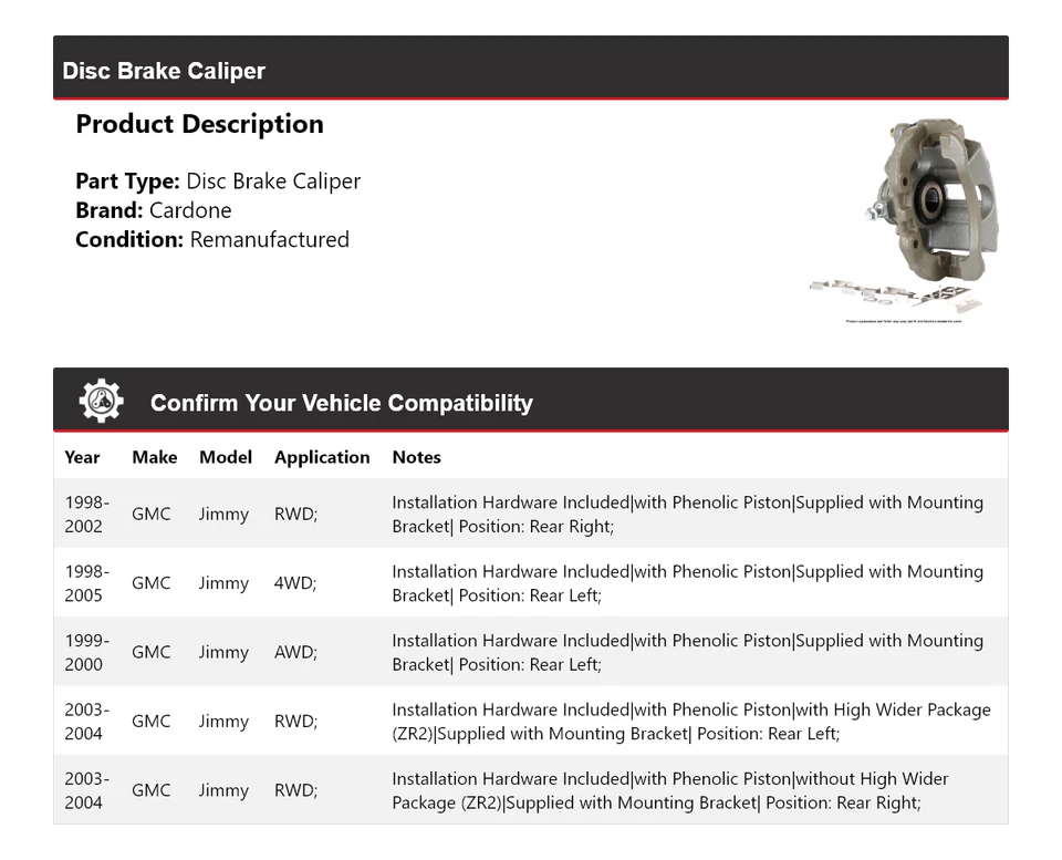 Pinza de freno de disco Cardone para GMC Jimmy 1998-2005 1999 2000 2001 2002 2003 2004 Foto 2 de 4