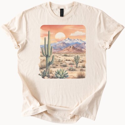 Desert cactus sunset graphic tee with mountains and agave illustration