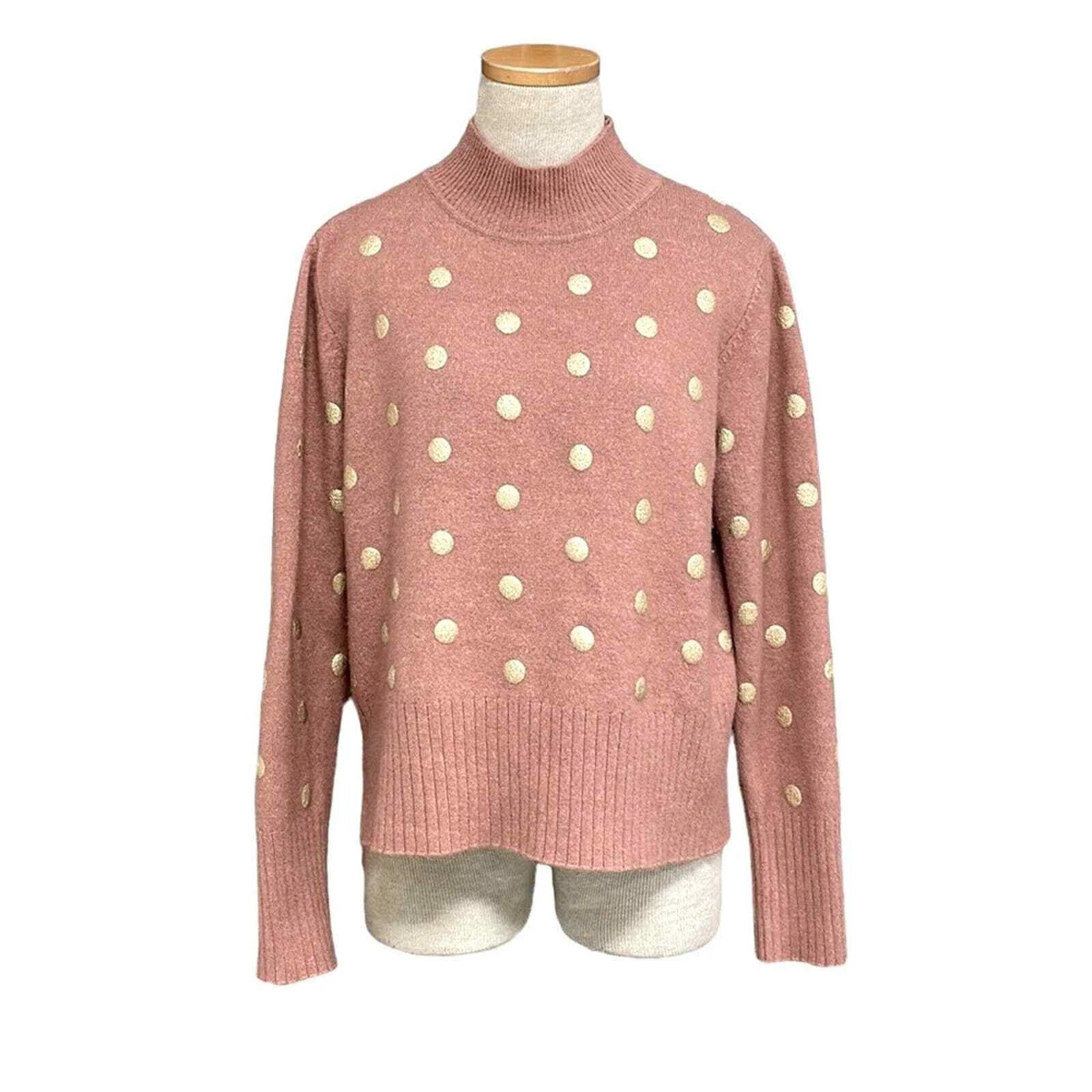 Blue sweater with pink shop polka dots