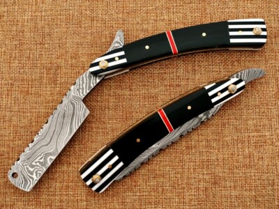 CUSTOM HANDMADE DAMASCUS STEEL RAZOR SHARP / BLACK MICARTA WITH LEATHER SHEATH