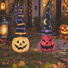 Set of 2 Halloween Pumpkin Witch Hat Garden Stakes Metal Outdoor Yard Decor