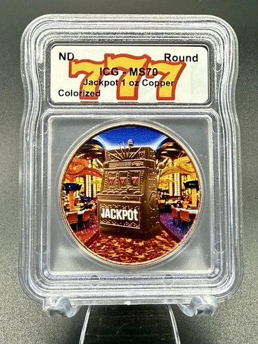 2025 ICG MS70 1OZ .999 COPPER COLORIZED *LAS VEGAS 777* "JACKPOT" ROUND  ND