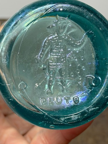 Antique Pluto Water Bottle Early, Blob Top Embossed Devil on Bottom