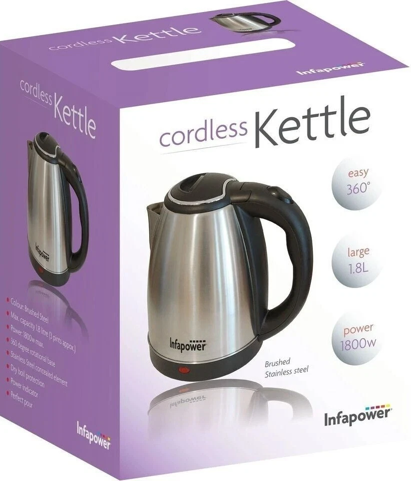 Infapower 1800w 1.8L 360 Cordless Brushed Stainless Kettle
