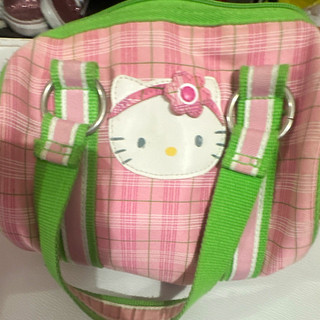 Hello Kitty Pink Plaid Makeup Bag Zip Case with Green Trim Handles
